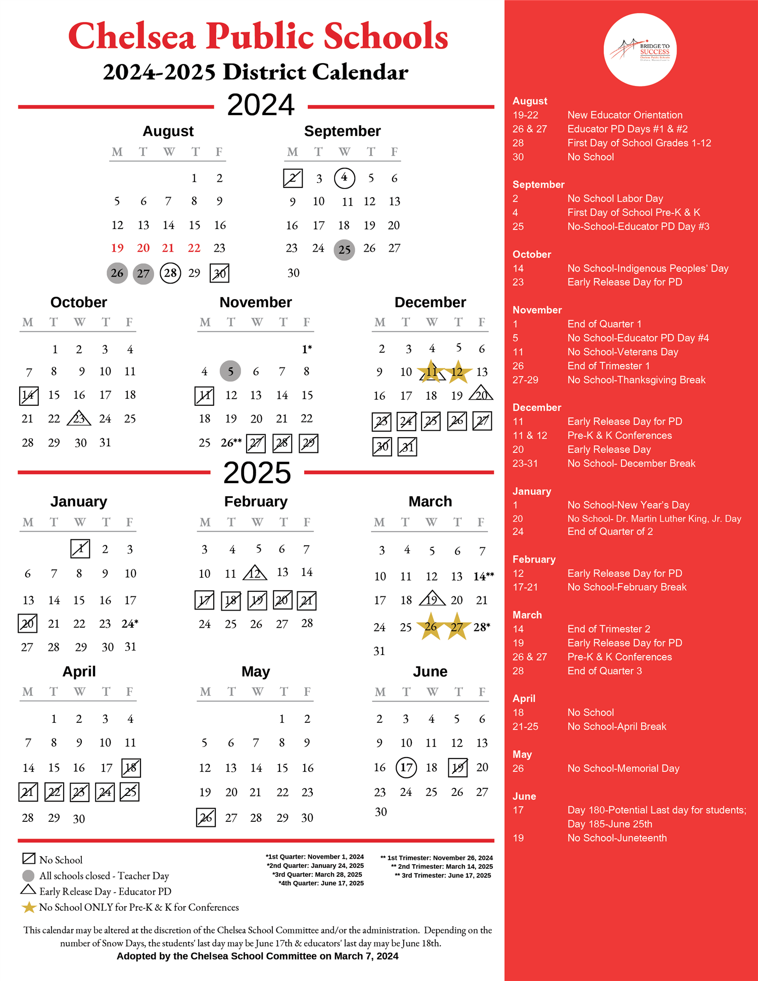 2024-25 Chelsea Public Schools Calendar in English